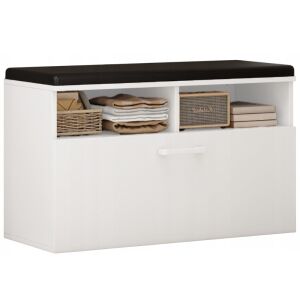 Dulap alb pentru pantofi cu banchetă neagră și compartimente de depozitare - Depozitare pantofi, Fotolii suspendate, Fotolii, Scaune suspendate și Biblioteci și rafturi