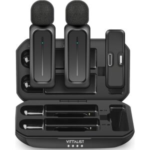 Set 2 Microfoane Lavaliera Wireless Profesionale VITTALIST, Compatibile iPhone, iPad, Android, Cu Carcasa Incarcare, Clip-On, Pentru Vlogging, Interviuri, Video, Reducere Zgomot, Raza 22m 134581144