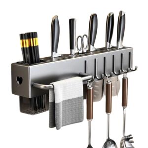 Fali szervező, a konyhába, 40 cm, 6 kampó, egy acél törölközőtartó, Ideális konyhai eszközök, kések, kiegészítők rendszerezésére.