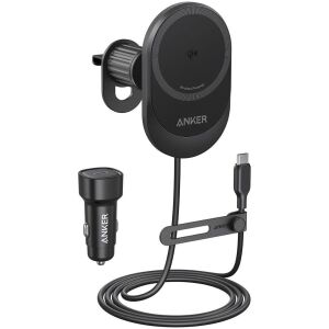Încărcător auto wireless magnetic Anker MagGo Qi 2.0 15W, negru, cu suport de montare pe grila de ventilație și adaptor USB-C - Încărcătoare wireless
