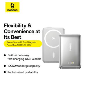 Baseus Nomos Qi2 магнитен външен акумулатор 10000mAh 45W, преносима външна батерия с USB-C кабел, сив - Външна батерия и Powerbank