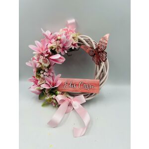 Rózsaszín magnólia ajtódísz 'Édes Otthon' felirattal és pillangó dekorációval - Ajtódísz