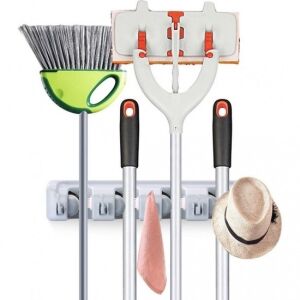 Suport universal multifunctional FOXMAG24® de perete pentru maturi si mopuri Broom Holder, 4 spatii si 5 carlige