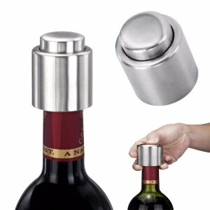 Dop pentru inchiderea etansa a sticlelor de vin, cu pompa de vacuum, din metal si plastic, gri