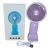 Lila és fehér USB töltésű kézi ventilátor telefontartóval és csomagolással