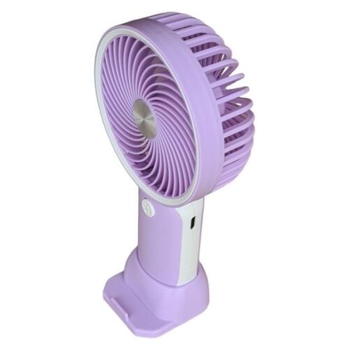 Szögletes nézet a lila kézi ventilátorról telefontartóval