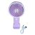 Lila kézi ventilátor telefontartóval és USB töltőkábellel fehér háttérrel