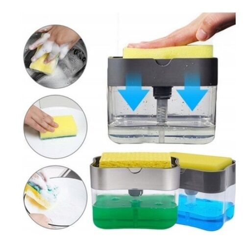 Dispencer pentru detergent de vase, cu suport pentru burete, din plastic, din ABS, cu doua compartimente, gri