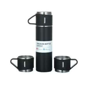 Set termos negru de 500 ml cu două căni, oțel inoxidabil și silicon - Termosuri și suporturi pentru băuturi