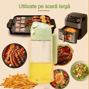 Oliviera 2 în 1 pulverizator și dozator de ulei colaj, care arată diverse utilizări, cum ar fi grătar, prăjire cu aer și salate - Distribuitoare de ulei și oțet