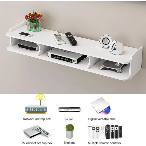 Falra szerelhető fehér PVC router és tartozék polc három rekesszel és használati példákkal.