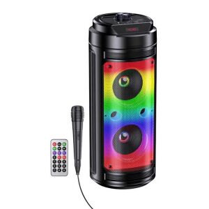 Boxa portabila cu lumini RGB, putere 20W, MP3, USB, bluetooth, TF, slot microfon, karaoke, acumulator, din plastic rezistent, cu 2 difuzoare, negru