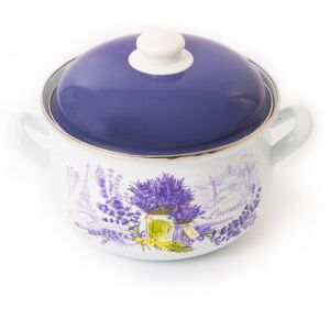 Oala emailata cu capac, diametru 18 cm, capacitate 2.10L, compatibila cu masina de spalat vase, se poate folosi si in cuptor, alb/mov