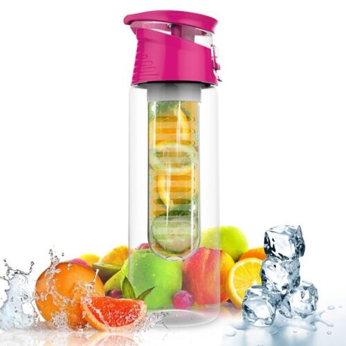 700 ml-es gyümölcs infúziós vizes palack rózsaszín fedéllel, átlátszó, gyümölcsökkel és jéggel