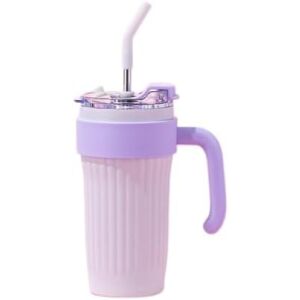 Cană termos alb/mov cu pai și mâner ergonomic - Termosuri și suporturi pentru băuturi