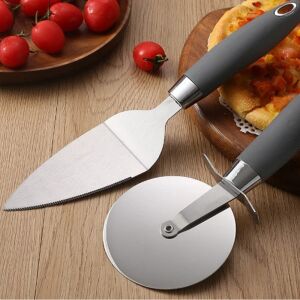 Set 2 ustensile pentru pizza, spatula si cutit, din otel inoxidabil, maner practic din ABS, negru/argintiu 140783816 - Pizzavágó