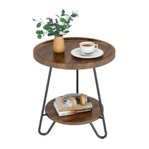 Măsuță de cafea cu două niveluri, cadru metalic și rafturi din lemn, design rotund - Mese de cafea