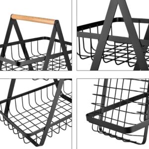 Cos pentru fructe, legume si paine, decorativ, din metal, cu maner din lemn, cu 2 etaje, inaltime 32 cm, negru