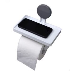 Suport hartie igienica, cu raft depozitare telefon sau alte accesorii, prindere cu ventuza, din plastic, alb