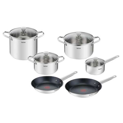Tefal Cook Eat 10 piece cookware set, stainless steel pots and pans with glass lids, includes frying pans, saucepans, and stockpot