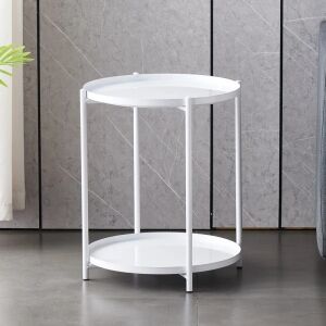 Măsuță de cafea rotundă albă modernă cu două rafturi pentru living - Mese de cafea