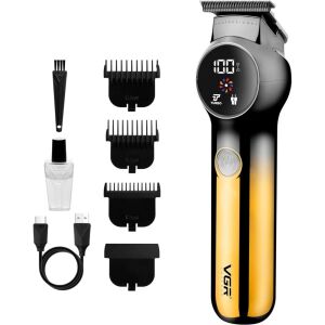 Masina de tuns cu accesorii, din metal si plastic, display LCD, cu 3 gratare, perie de curatare si sticluta de ulei, dimensiuni 15 * 4, 3 * 3, 4 cm, negru/auriu