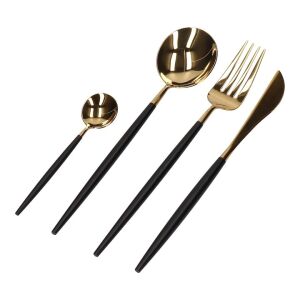 Set elegant de tacâmuri negru și auriu, incluzând cuțit de masă, furculiță, lingură și linguriță - Seturi de tacâmuri