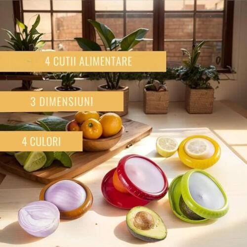 Set 4 cutii alimentare din silicon pentru alimente, reutilizabile, fara BPA, capac transparent, multicolor