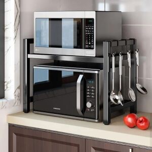 Raft extensibil pentru bucatarie, din metal, dimensiuni 38-60 cm (L) / 25 cm (H), cu suporturi antiderapante, usor de curatat, greutate maxima suportata 7-10 kg, negru