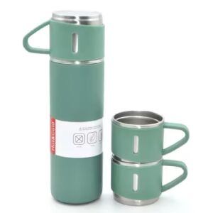Set termos verde 500ml cu două căni, oțel inoxidabil și silicon, fără BPA - Termosuri și suporturi pentru băuturi