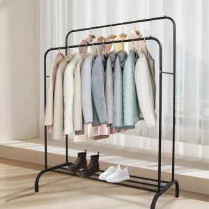 Suport dublu pentru haine din metal negru cu raft pentru depozitare pantofi, haine și pantofi expuse - Suport pentru haine