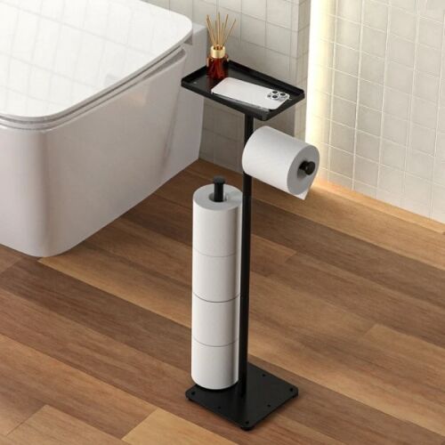 WC-papír tartó, fém, magassága 72cm, polccal a tartozékoknak, 2 WC papír tároló hely, fekete
