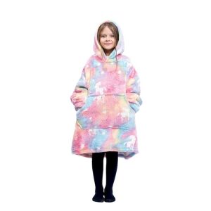 Розов еднорог одеяло с качулка за деца, полар с подплата от шерпа, носимо одеяло с качулка и джобове - Pléd