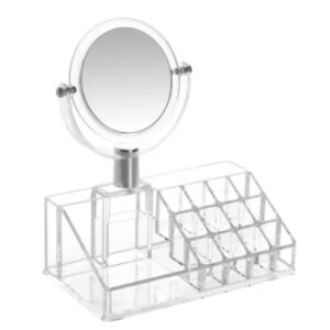 Organizator pentru cosmetice, cu oglinda, din acril, cu 4 sertare si 13 compartimente deschise, alb/transparent