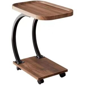Fotografie de studio a unei măsuțe de cafea maro în formă de C cu două rafturi și roți. - Mese de cafea