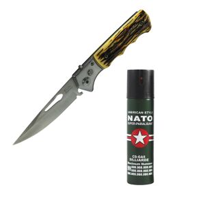 Cutit-briceag, maner tip os, 20 cm, spray paralizant, NATO, 60 ml cadou