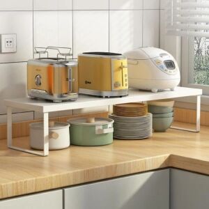 Raft metalic extensibil alb pentru bucătărie, utilizat pentru organizarea electrocasnicelor și a vaselor. - Depozitare și organizare