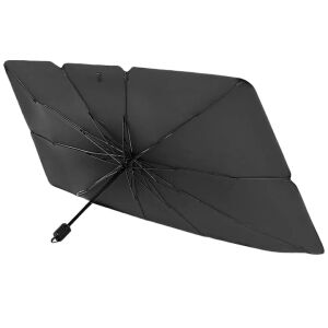 Parasolar auto tip umbrela, pliabil, protectie UV, acoperire extinsa, dimensiuni 130x75 cm, termoizolant, negru/argintiu