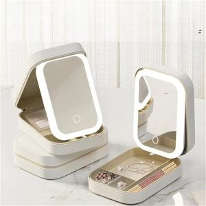 Kozmetikai tok LED tükörrel, 3 fénymóddal, USB töltési lehetőséggel, rekeszes, műbőr, méretek 16,5x11,5x6 cm, fehér