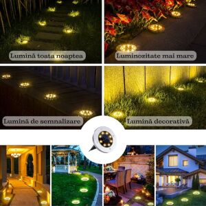 Set 4 lampi solare, tip spot, cu sistem de fixare tip tarus, rezistente la apa, carcasa metalica, cu 8 LED-uri, argintiu