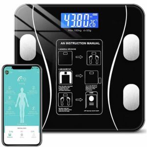 Cantar corporal SMART, cu aplicatie pentru telefon, din sticla securizata, cu afisaj LCD, negru