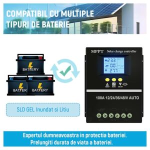 Controler de incarcare solar 100A, Regulator inteligent cu port USB dublu, parametrul automat PWM, display LCD, 7 moduri de functionare, 6 protectii functionale, 12V/24V/36V/48V, negru
