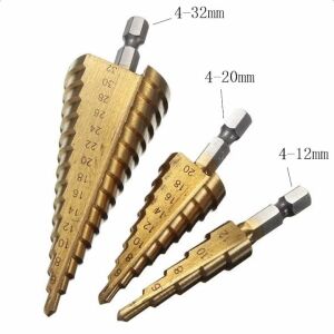 Set 3 burghie pentru metal, tip freza in trepte, din otel si titan, dimensiuni 4-10mm, 4-20mm, 4-32mm, auriu 140745111 - Burghie