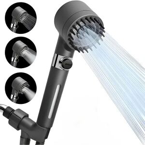 Para de dus, cu peri din silicon, 3 functii, din metal si plastic, 3 moduri de stropire, buton ON/OFF, gri