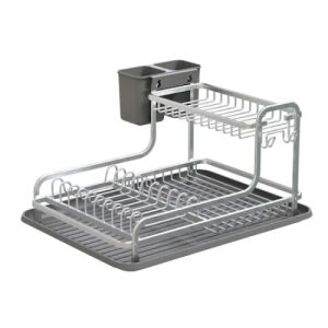 Kétszintes ezüst edényszárító csepegtetőtálcával és evőeszköztartóval - Edényszárító