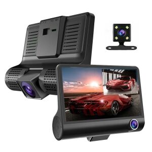 Camera Video Auto de Bord Tripla FOXMAG24®, Full-HD, 3 Camere - Fata/Spate/Interior, Display 4 Inch, G Senzor, 170 grade, Negru