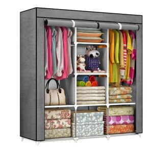 Dulap textil cu cadru metalic, 8 rafturi și 2 bare de agățat, gri - Dulapuri