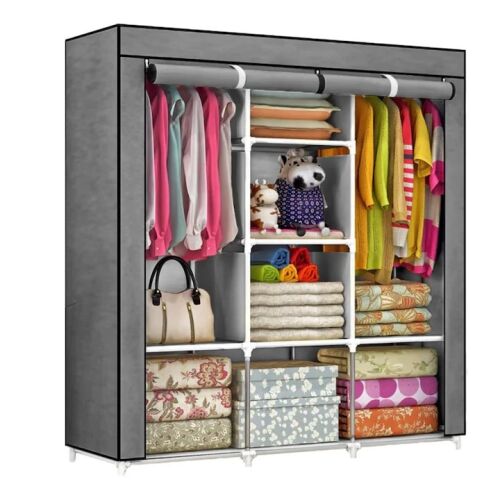 Dulap textil cu cadru metalic, 8 rafturi și 2 bare de agățat, gri