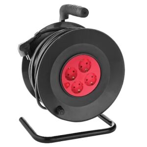 Prelungitor cu tambur FOXMAG24 50m cu 4 prize, Negru și Roșu - Prelungitoare