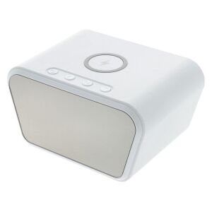 Ceas de masa, cu suprafata de incarcare a dispozitivelor WI-FI, monitorizare temperaturii, afisare a timpului, alarma, din PVC, alb